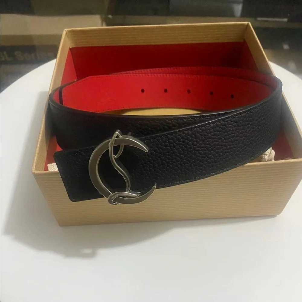 Christian Louboutin CL Buckle Reversible Leather Belt Black Red 34in